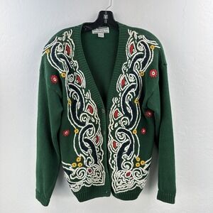 Vtg Melbourne Classix Knit‎ Cardigan Sweater Womens M Embroidered Green Granny
